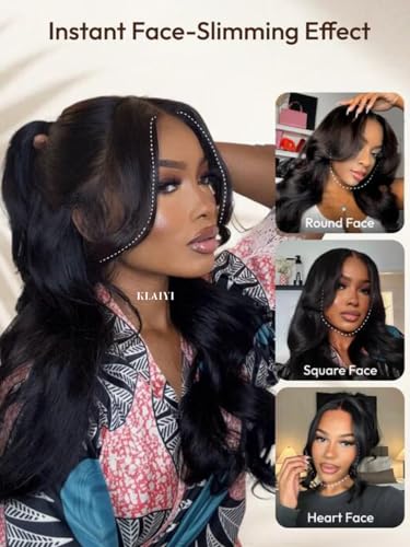 Image of KLAIYI Loose Body Wave Pre Everything Glueless 13x4Lace Front Wig Human Hair Drawstring Precut Lace Pre Plucked Bleached Bye Bye Knots 3S Ready to Wear and Go Wig with Face Framing Curtain Bang 16Inch