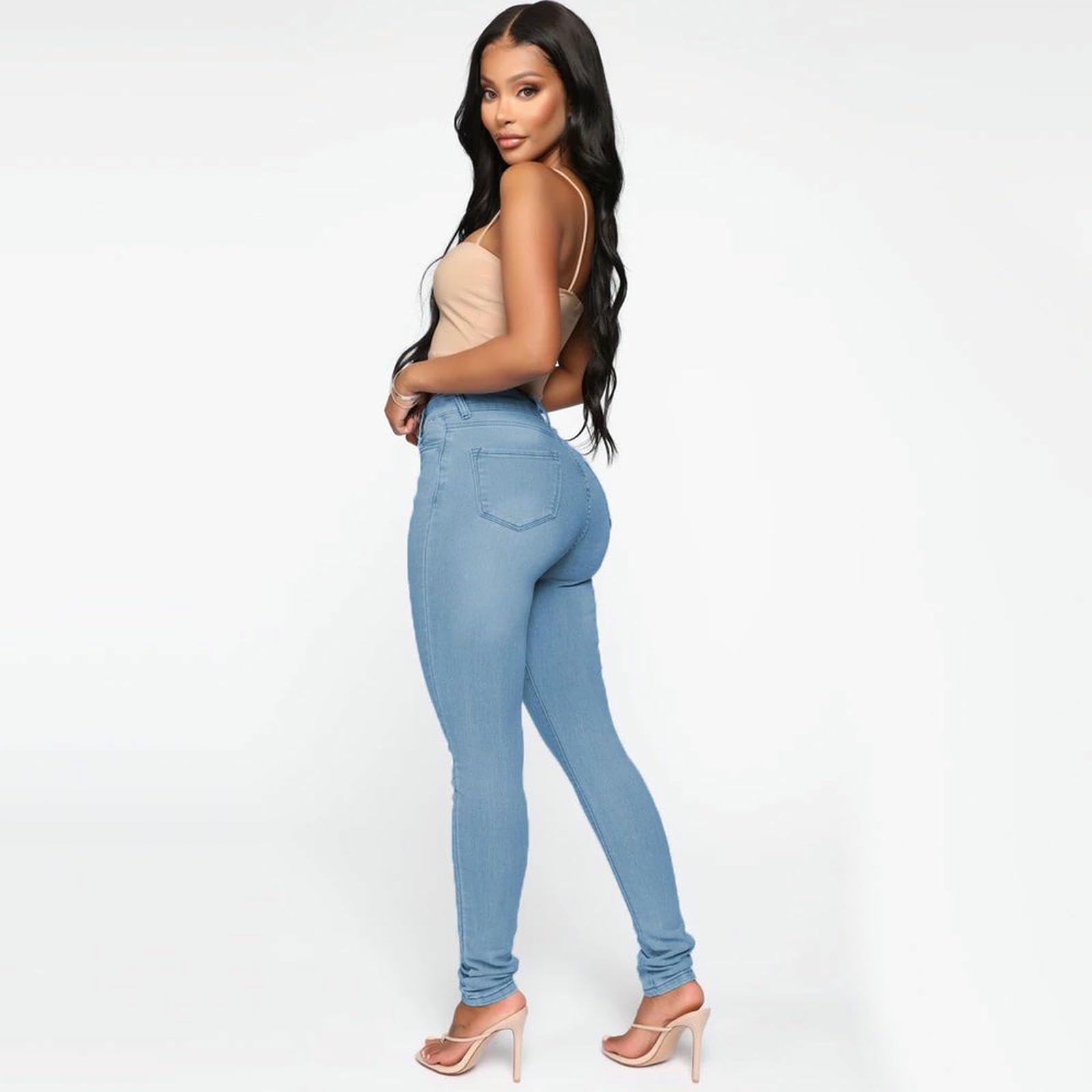 Jeans Donna Womens Ad Alta Vita Magro Stretch Solleva I Attillati da Skinny per Elasticizzazione Super Comodi-Azzurro-l