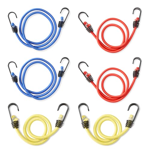 Image of Amazon Basics Flat Bungee Cord with Heavy-Duty Iron Hooks | Super Elastic Rubber Strap with Scratch-Resistant Coating & Color-Coded Size System (Red, Blue and Yellow)