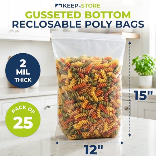 Gusseted Reclosable Bags with Bottom Gusset, Pack of 25 – Clear 2 Mil Zip Top Poly Bags, 12" x 15" x 3", 20 oz Capacity – Great for Food Storage & Bottled Liquid Packaging – Non-Toxic, Freezer Safe by Keep N Store - Used condition - Image 2