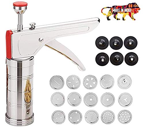 WSK Kitchen Magic Press Slicer Stainless Steel Kitchen Press/Noodles/Murukku Maker with 15 sieves and 6 Plastic Sieves for Cake Decor Kitchen Accessories KA3114-001