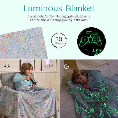 Joiedomi Glow in The Dark Gaming Blanket Gamer Gifts for Boys Age 2 3 4 5 6 7 8 9 10 11 12 Year Old, Soft Cozy Flannel Kids Throw Blanket, Birthday Bedroom Decor Grey 50"×60"