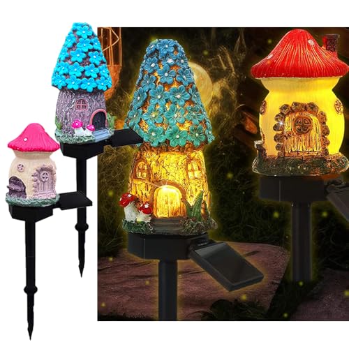 YZYOE Pack de 2 solaire rouge bleu champignon maison lampadaire, jardin décoratif résine mignon champignon maison lumière, sans fil crépuscule à l'aube...