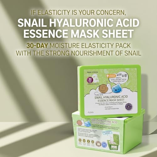 Image of esfolio Made in Korea Snail 30 Sheets Pure Skin Facial Mask - Snail Essence Hydrating Face Mask for Smooth, Soft, Firm, and Supple Looking Skin - Korean Daily Sheet Mask Skincare Pack