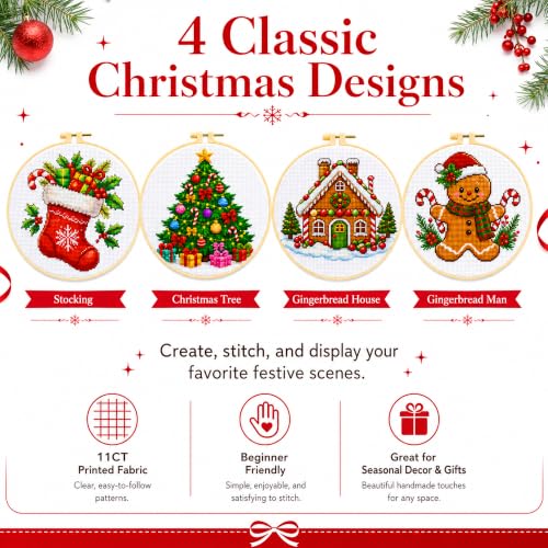 Image of Zhenqing 4 Christmas Cross Stitch Kit, 11CT Stamped Holiday Set | 4 festive 11CT printed designs with 30% extra floss, tools, English guides, and stiffened fabric for hoop-free stitching.