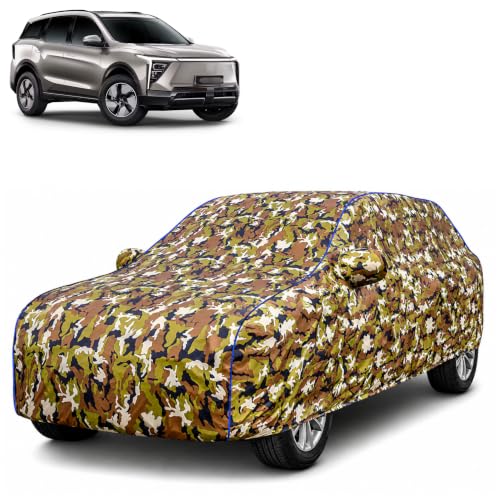 Image of Waterproof Car Body Cover for Mahindra XEV 9S with Mirror Pocket| Cotton Inner Lining | Triple Stitched | All Weather Protection | Dust, UV & Rain Proof (Camouflage with Blue Piping)
