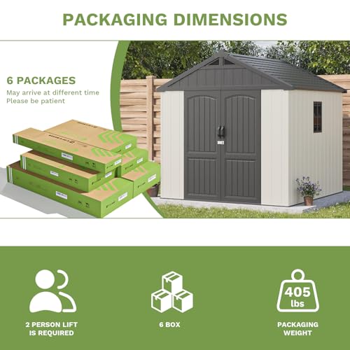 Image of Patiowell 8 x 8 FT Plastic Outdoor Storage Shed with Floor, Resin Shed with Window and Lockable Door for Garden, Backyard, Tool Storage Use, Easy to Install in Beige (Kick-it Shed)