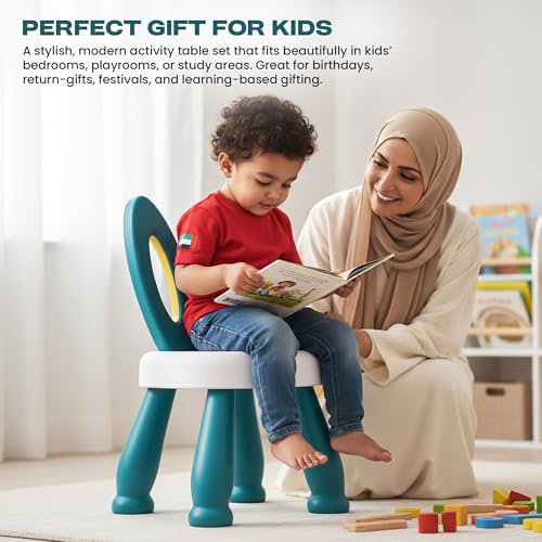 بايبي طاولة دراسة 5 في 1 مع كرسي للاطفال من عمر 2-7 سنوات | طاولة دراسة متعددة الانشطة للاطفال للتعلم واللعب والوجبات واللعب بالرمال والماء | طاولة دراسة للاطفال مع مساحة تخزين بسعة وزن 45 كغم - ازرق