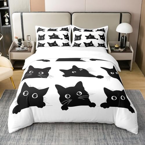 Homemissing Chat Noir 100% Coton Housse de Couette 220x240cm Cartoon Cat Parure de lit 100% Coton Enfants Garçons Filles Ados décoration de Chambre Kawaii...