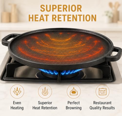 Image of GRIVAN Cast Iron 2-in-1 Dosa Tawa & Grill Pan 12 inch (30 cm) | Double-Sided Reversible Tawa for Dosa, Roti | Naturally Non-Stick Cast Iron Cookware | Gas Stove & Induction Compatible (Black)