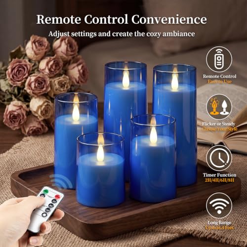 Image of Homemory Realistic Flickering Flameless Blue Candles with Remote & Timer | LED Fake Electric Pillar Candles Battery Operated for Home, Halloween, Christmas Decor, Set of 5