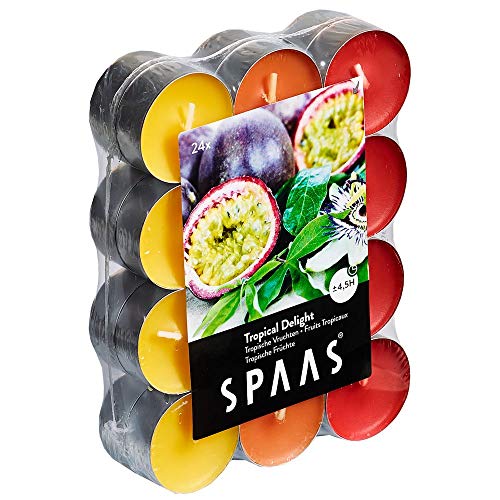Spaas Pack de chauffe plats parfumées Délice 24 Duft-Teelichter Farben Sortiert, ± 4,5 Stunden-Tropical Delight, sonstige, Hellrot, D 39 mm x H 16 mm Cover