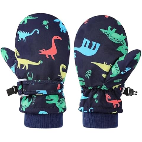 Huuflyty Winter Kids Waterproof Gloves for Boys Fleece Lined Warm Mittens for Baby Toddler Ski Toddler Baby Mittens (Navy-dinosaur, L （4-6years）) Cover