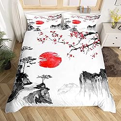 Edredon Japones Juego de ropa de cama japonesa Ukiyoe con diseño de flores de cerezo, sol rojo, funda de edredón para niños, estilo exótico japonés, lino, ropa de cama de 3 piezas, tamaño King