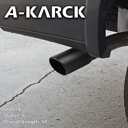 A-KARCK 4 Inch Inlet Exhaust Tip, Bolt On 4\" Inlet 5\" Outlet 12\" Long Black Coating Exhaust Tailpipe Tip, Stainless Steel Rolled Edge