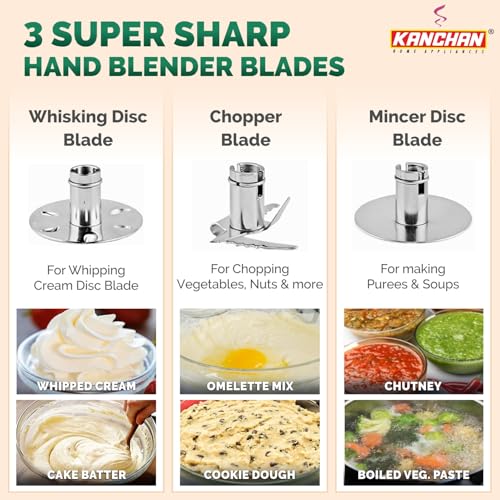 Image of Kanchan Majesty Hand Blender 180W Copper Motor | 3 Stainless Steel Blades for Blending, Whisking & Beating | 2-Speed Control | Low Noise Electric Hand Blender for Kitchen | 2 Year Warranty