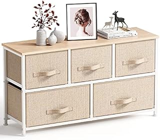 Pipishell Chest of Drawers, Fabric Storage Drawers easy to Install, Dresser with Wood Top and Large Storage Space, Vertical Chest of 5 Drawers Bedroom, Living Room, Nursery Room, Hallway, etc