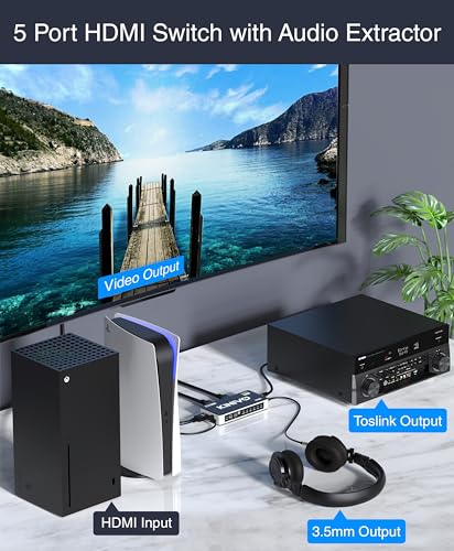 Image of Kinivo HDMI Switch with Audio Extractor 560BNT (5 in 1 Out Hub, Toslink Optical Audio Port, SPDIF, 4K 60Hz Switcher, 18Gbps, IR Remote) - Compatible with Gaming Console, Cable TV, PC, Dolby Digital