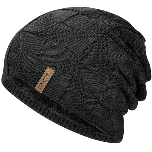HAMUNI Mütze Damen - Atmungsaktiv Strickmütze Herren - Slouch Beanie Mütze mit Weichem Fleece Innenfutter - Unisex Wintermütze - Klassische Herren Damen Mütze für Herbst Winter Frühjahr (Schwarz)