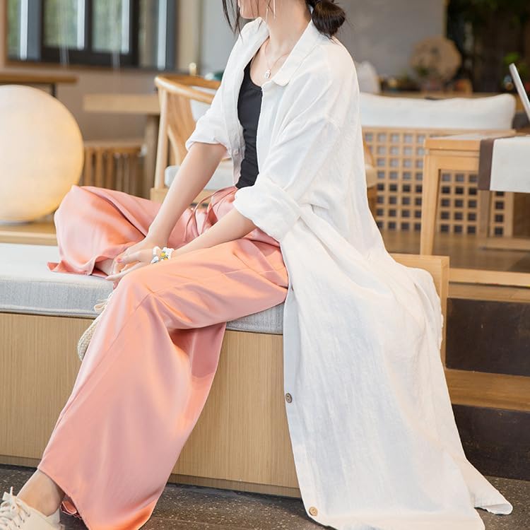 Women's Long Sleeve Cotton Linen Duster Trench Coat with Button Front Solid Casual Oversized Jacket - Image 2