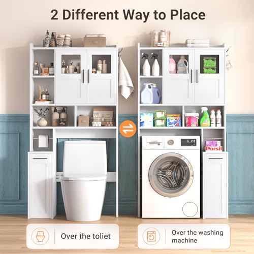 ELYKEN-Over-The-Toilet-Storage-Cabinet-with-Glass-Doors-Pulley-White-Pull-Out-Cabinet-Toilet-Paper-Holder-Side-Hooks-Adjustable-Shelf-Anti-Tipping-Space-Saving-Bathroom-Storage-Cabinet