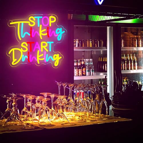 Image of Stop Thinking Start Drinking Neon Signs Multicolor Letter Neon Lights Wall Decor for Home, Bar, Man Cave, Party, Club, Restaurant Gift Art for Boys Girls-13.7 x 12.2 IN-USB Powered-Acrylic