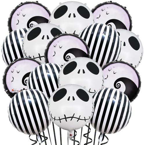 15 Pcs Halloween Party Balloons Skull Balloons Black and White Striped Skeletons Balloon Nightmare Skull Foil Balloons for Halloween Christmas Birthday Baby Shower Themed Party Decorations