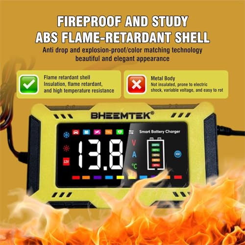 Image of Bheemtek Car Battery Charger 6A 12V with LED Display | Portable Smart Charger & Maintainer for Lithium Iron Phosphate, Lead Acid, AGM, Gel, SLA, Wet Motorcycle Batteries with Automatic Repair Function