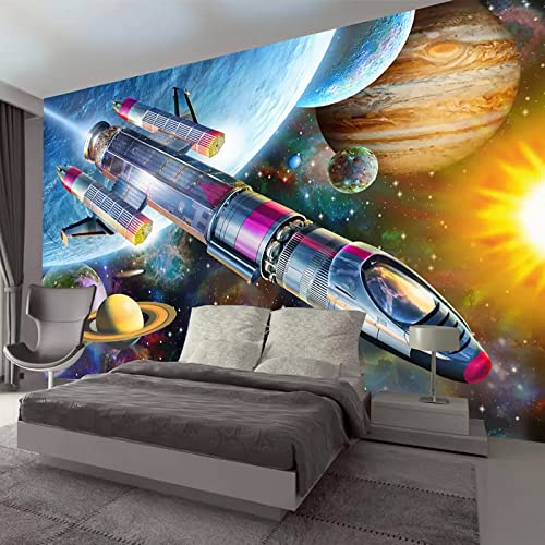 Foto 3D Poster Tapete Moderne handgemalte Cartoon Weltraum Universum Rakete Kinderzimmer Wandbild Tapete Kinde TV Wandbild Tapete Wanddekoration fototapete 3d Vlies wandbild Schlafzimmer-350cm×256cm