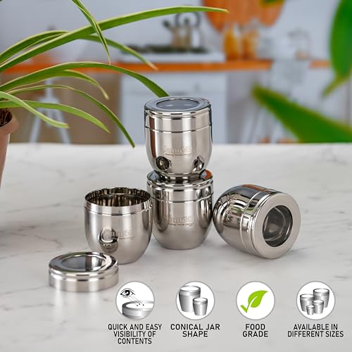 Image of Sumeet Stainless Steel Conical Shape Canisters /Dabba /Storage Containers for Kitchen with See Through Lid, Set of 4 Pcs, 150ml Each, 6cm Dia, Silver
