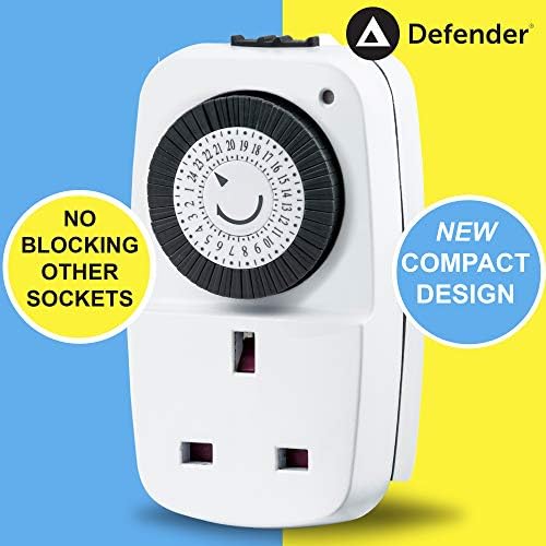 Defender 24 Hour Segment Timer Plug - Energy Saver Timer Standard Size - Hour Plug-in Timer Socket Set - 240v 3 Pin Plug with Programmable Time Controller