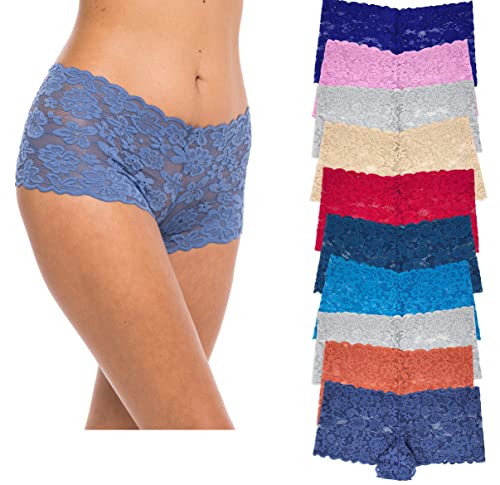 Sexy Basics Women's 10 Pack Lace Boyshort Boyleg Panty | Ultra Soft & Stretchy Lace Lingerie