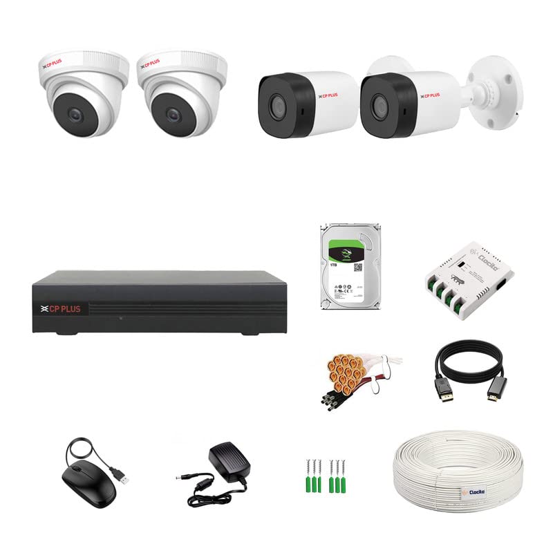 Clocite CP Plus 4 Channel DVR + 2.4MP 2 Dome & 2 Bullet Cameras with Audio Recording (Day/Night Vision) + 1TB HDD + Copper Cable Roll (1+3) + CLOCITE 4 CH Power Supply + BNC & DC Full Combo Kit