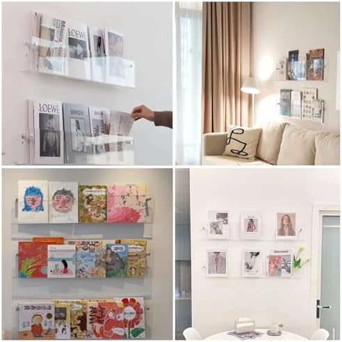 Acrylic Wall Mount Magazine Rack Set - 2PCS, 15.7in Hanging Organizer for Bathroom, Office, Newspapers, Brochures, Files & Vinyl Records Storage Display Shelf