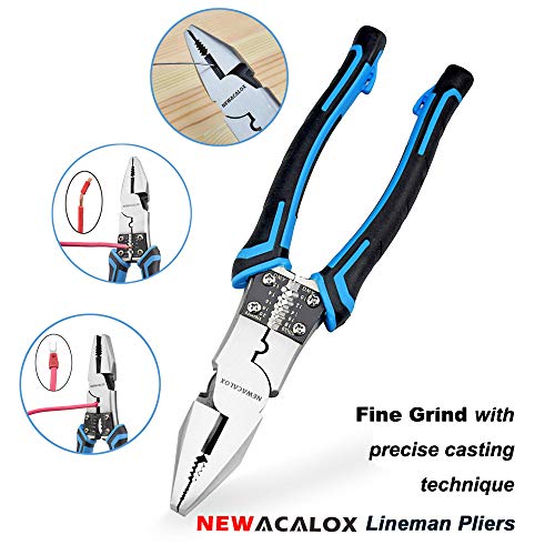 NEWACALOX Multi Pliers Set (Industrial Linemans Side Cutting Needle Nose Plier with Wire Stripper Crimper Function, Heavy Duty pliers Blue)