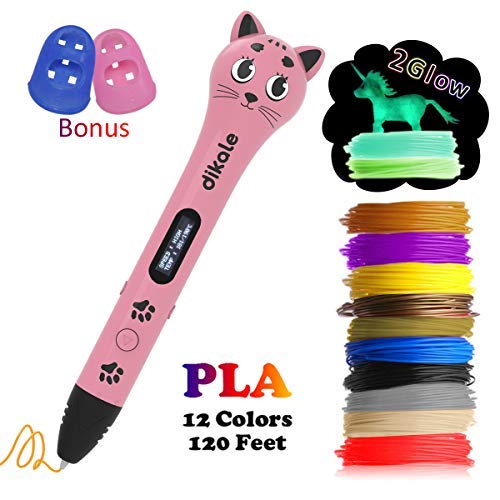 Stylo 3D rose avec 12 couleurs PLA Filaments de 120 pieds, motif chaton en forme de stylo d'impression 3D cadeau, fournit 250 pochoirs de dessin et livres électroniques (rose)