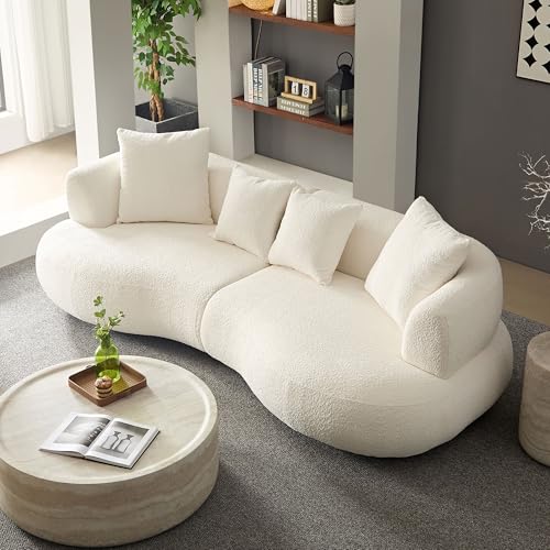 Image of KEIKI 102 inch Curved Oversized Boucle Modular Sectional Sofa with 4 Throw Pillows, Mid-Century 4-Seater Upholstered Corner Plush Comfy Couch, Easy Assembly, for Apartment, Living Room, White