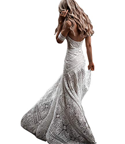 Women's Bohemian Wedding Dresses with Detachable Arm Bands Sweetheart Mermaid Lace Bridal Gown (12, Light Champagne-Zipper Up)