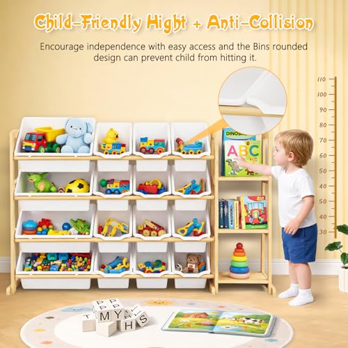 Kids Toy Storage Organizer with Bookshelf Wooden Shelf with 16 Bins and 3 Shelves, Quick A - image 4