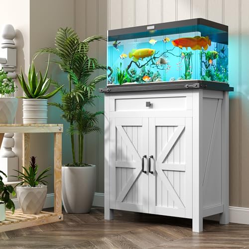 kepptory 20 Gallon Fish Tank Stand with Power Outlets, Farmhouse Decorative Aquarium Stand Furniture with Adjustable Shelves, 10-20 Gallon Reptile Turtle Tank Stand with Cabinet Storage (White, 20GL)