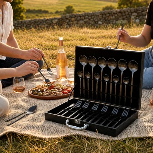 Image of 24-Piece Black Stainless Steel Cutlery Set with Premium Storage Textured Plastic Box | Mirror Finish Flatware for 6 | Dinner Spoons, Forks, Knives & Teaspoons | Luxury Gift Set