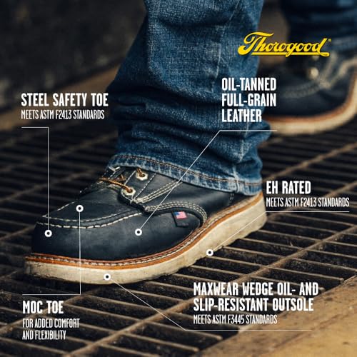 Image of Thorogood American Heritage 6 inch Steel Toe Work Boots for Men - Full-Grain Leather with Moc Toe, Slip-Resistant Wedge Outsole, and Comfort Insole; EH Rated