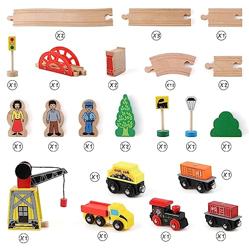 KABENFIS Wooden 39 Pcs Train Tracks Toys with Crane Bridge and Wooden Railway Tracks Toys for Kids, Brown - Image 2