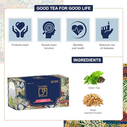 Image of Dabri Jasmine Green Tea 32 Pyramid Dip Tea Bags|Natural Dried Jasmine Flowers & Green Tea Leaves |Rich Antioxidants |Boosts Metabolism, Brain & Heart Health |Contains Catechins for Tooth Protection