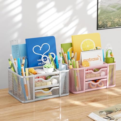 Marbrasse Mesh Desk Organiser, Pen Organiser with 2 Drawer - Image 3