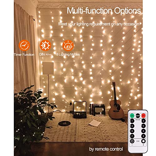 Battery Operated Curtain String Lights, 6.6×6.6Ft 200 Led Curtain Icicle Wall Lights With Remote 8 Modes Timer Waterproof Fairy Lights For Outdoor Indoor Wedding Backdrops Bedroom Decor (Warm White) #TOP3