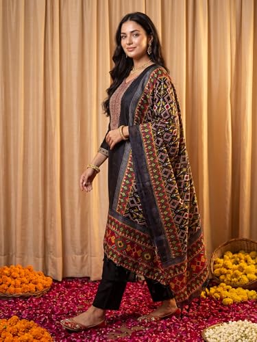 Image of INDO ERA Women's Silk Blend Embroidered Sequinned Kurta & Pant with Dupatta Set