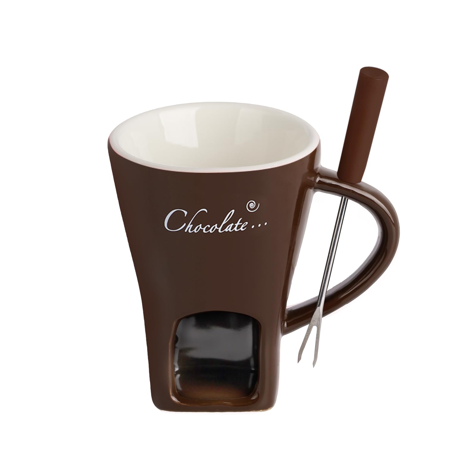 Ceramic Fondue Mugs with Fork - Melting Chocolate Pot with Fork, Chocolate Fondue Mug, Cheese Warmer Cup, Light Candle Fondue Melter Set for Melting Hot Chocolate for Home, Brown