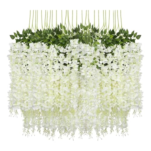 Image of 6 Pcs Artificial Polyester Hanging Flower Wisteria Vines Fake Flowers Vines for Home Party Wedding Garden Outdoor Greenery Decoration (6, White)