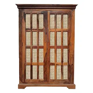 Naresh Art @ Handicraft Solid Mango Wooden Storage Wardrobe for Clothes | Almirah with 2 Rattan Door for Living Room, Bedroom, Hotel & Home, Brown Finish, (105L X 40W X 150H CM)